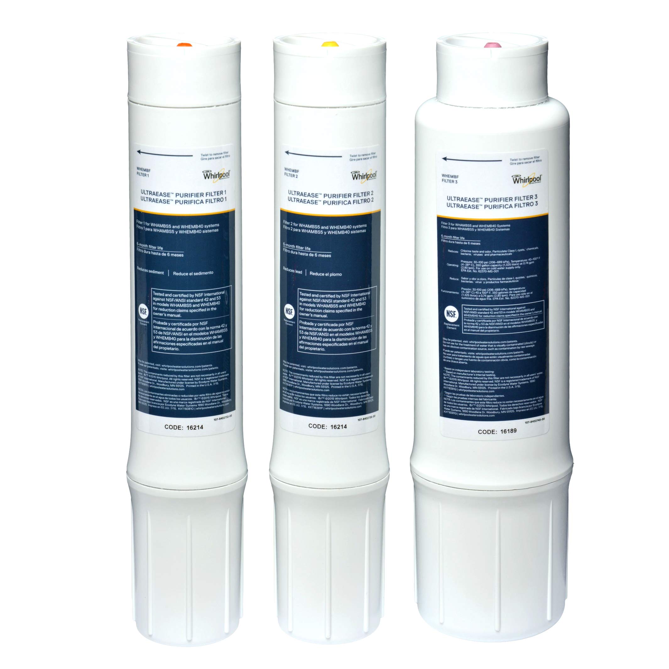 Whirlpool WHEMBF Replacement Filter Set Fits WHAMBS5 & WHEMB40 Filtration Systems | Extra Long Life | Easy to Replace UltraEase Filter Cartridges | 1 Count (Pack of 1), White