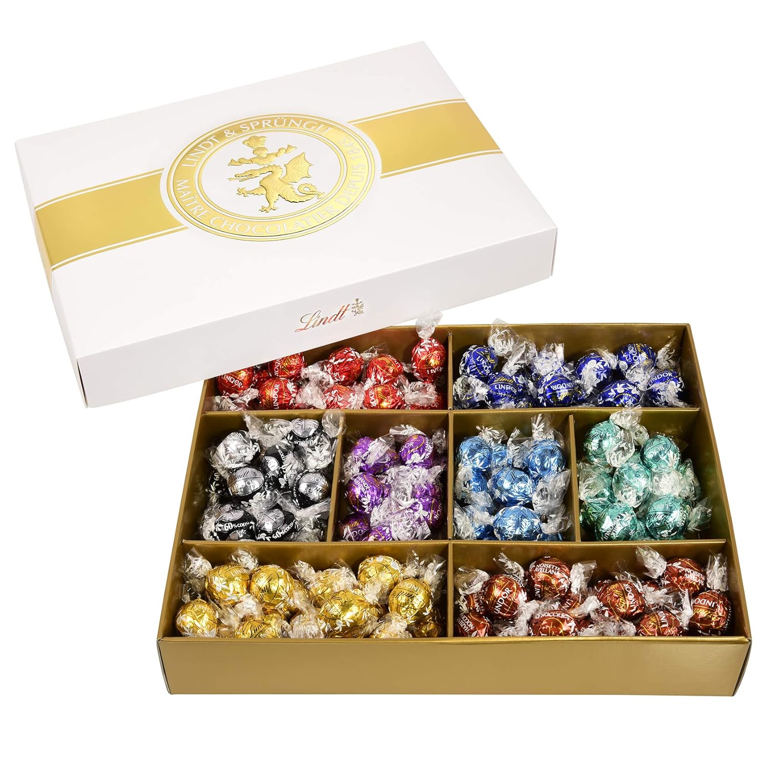 Lindt Lindor Schokoladengeschenk Lindor Kugeln In 8 Sorten 1 569 Kg Inkl Vollmilch Feinherb Weiss Nuss Dunkel 60 Mandel Stracciatella Und Cocos Amazon De Lebensmittel Getranke