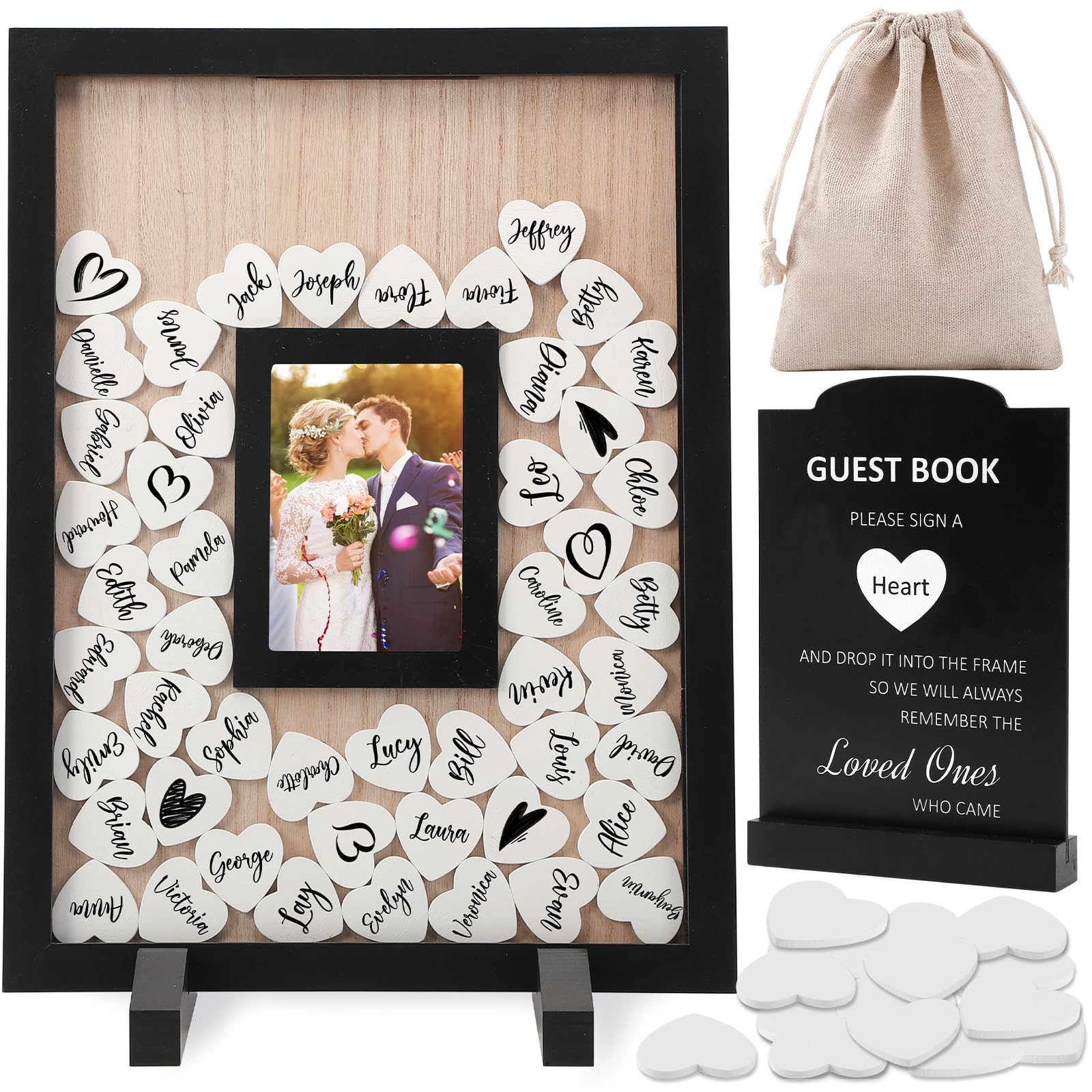 Photo 1 of hatisan Wedding Guest Book Alternative, Rustic Guest Book Wedding Reception Sign, Heart Guest Book Signs with Wooden Frame for Wedding Anniversary Birthday Party (Black)