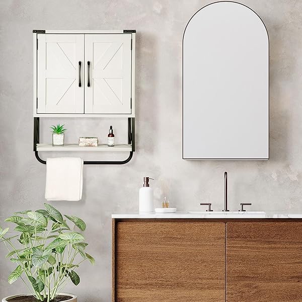 RUSTOWN FARMHOUSE MEDICINE CABINET WITH 2 BARN DOOR, WOOD WALL MOUNTED STORAGE CABINET WITH ADJUSTABLE SHELF AND TOWEL BAR, 3-TIER BATHROOM CABINET FOR BATHROOM, LIVING ROOM(VINTAGE WHITE, MEDIUM)