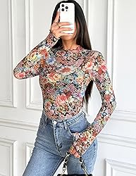 Zeagoo Floral Mesh Long Sleeve Tops for Women Sheer