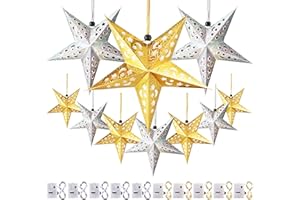 ZHANMAI 10 Pcs Christmas Paper Star Lantern Lampshade 3D Paper Star Hanging Decoration Light Lanterns with 20 LED Party Light for Xmas Independence Day Home Decor(Gold, Silver)