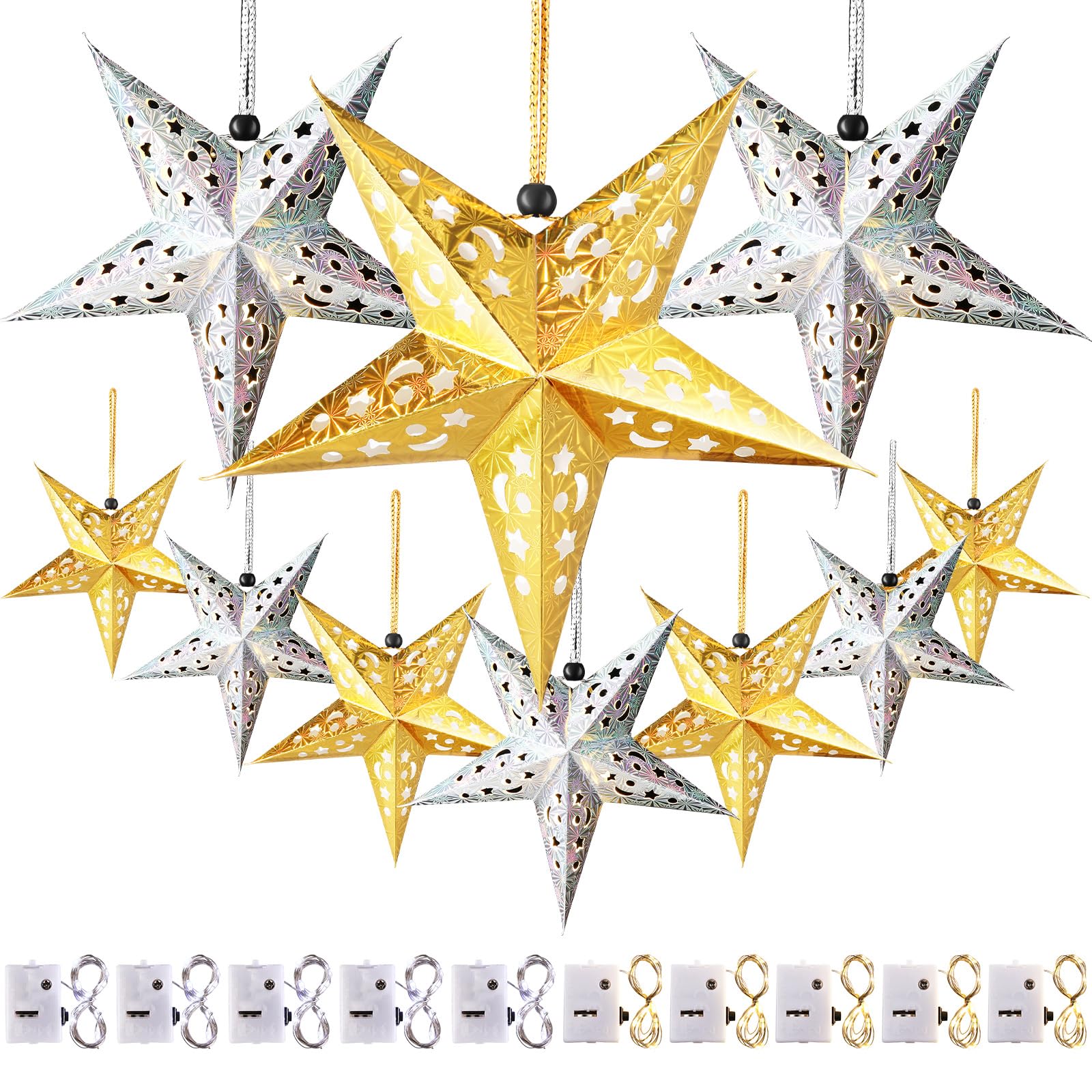 Photo 1 of 10 Pcs Christmas Paper Star Lantern Lampshade 3D Paper Star Hanging Decoration Light Lanterns with 20 LED Party Light for Xmas Independence Day Home Decor(Gold, Silver)