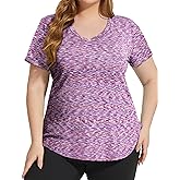 FOREYOND Plus Size Workout Tops for Women Short Sleeves V Neck Yoga Shirts Loose Fit Athletic Gym Running Clothes Summer