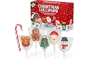 TABOOM Christmas Lollipop Suckers 12 Count Individually Wrapped Dye-Free Holiday Candy - Festive Santa, Snowman, Gingerbread, Christmas Tree & Candy Cane Pops Gift pack - Stocking Stuffers & Party Favors