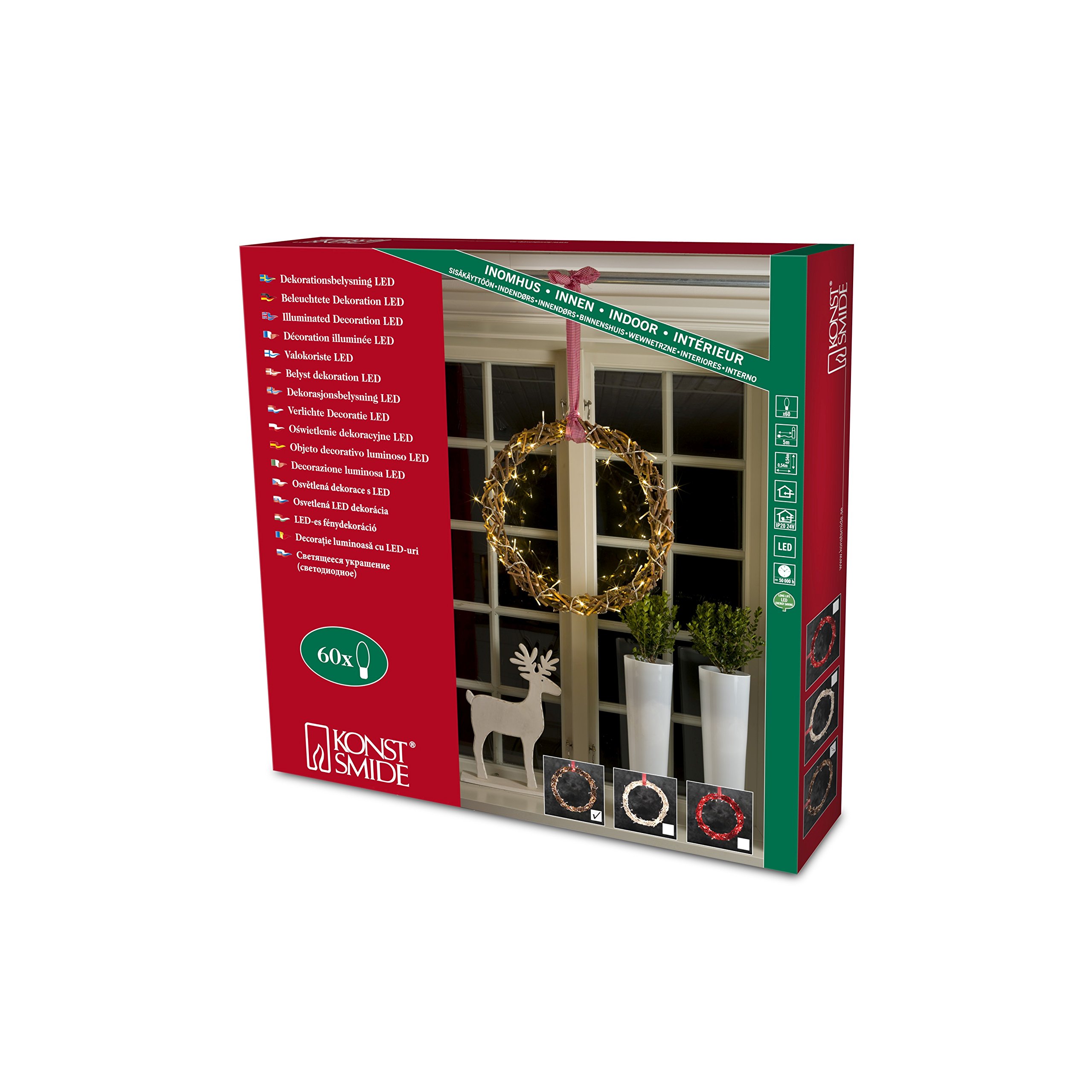 Konstsmide Christmas Lights LED Decoration Wooden Silhouette Wreath, Natural/Indoor Use (IP20)/24V Internal Transformer/60 Warm White Diodes/Transparent Cable, 6221-100