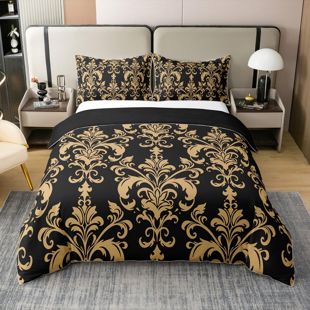Homewish 100% Washed Cotton Elegant Damask Bedding Set Antique Baroque Flowers Comforter Cover for Teen Boys Men Gold and Black Floral Duvet Cover Stylish Modern European Bedspread Cover Super King — image 1
