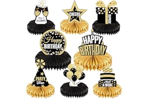 ZONON 8 Pieces Happy Birthday Party Decorations Supplies Birthday Honeycomb Centerpieces Table Toppers for Party Favor Photo Booth Props, Black and Gold