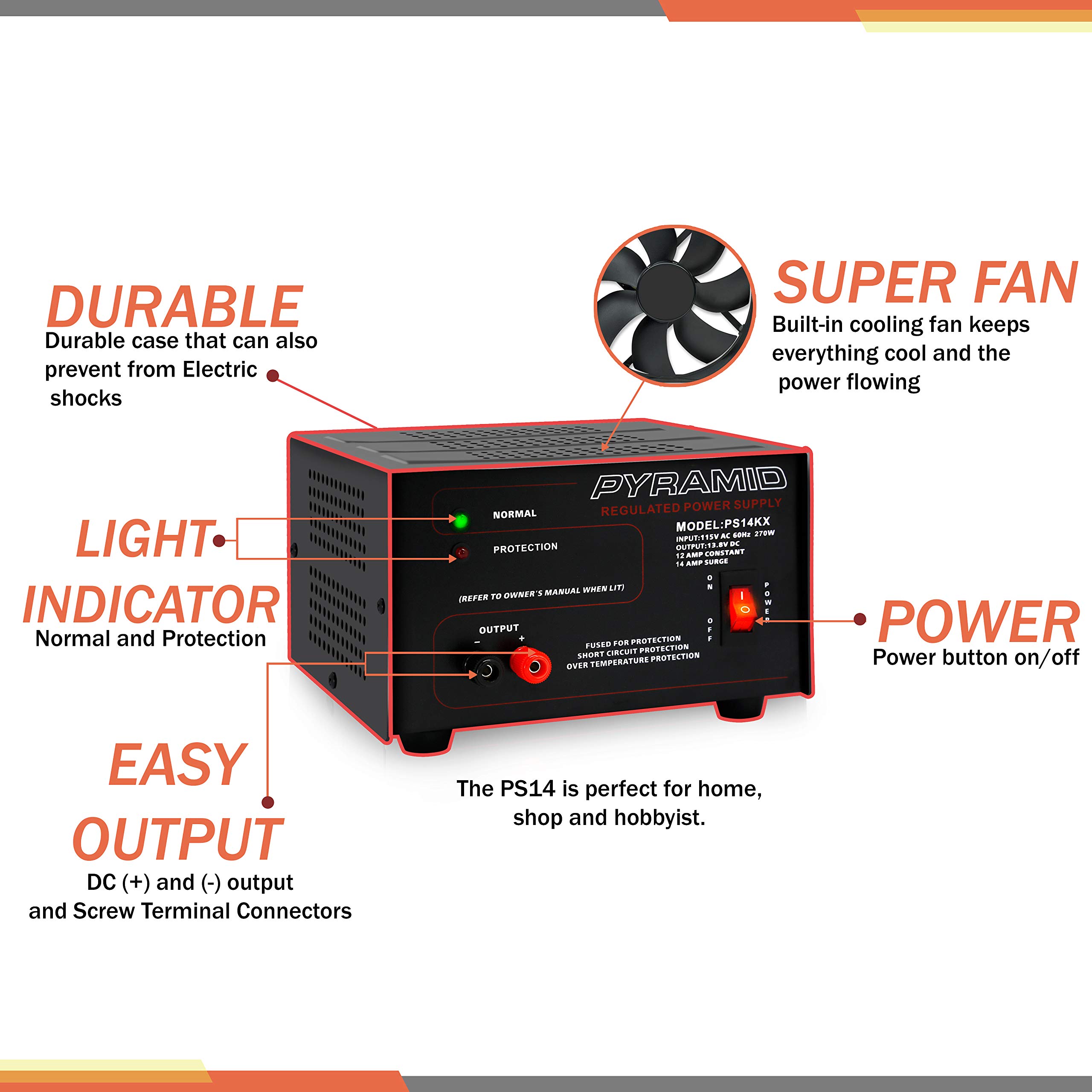 Pyramid Universal Compact Bench Power Supply- 12 Amp Linear Regulated Home Lab Bench-top AC-to-Dc 12V Converter w/ 13.8V Dc 115V AC 270W Power Input, Screw Type Terminals, Cooling Fan- PS14KX.5
