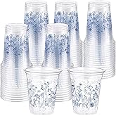 Hushee 60 Pcs Blue Floral Cups with Spring Summer Flower 16 oz Wildflowers Plastic Disposable Drinking Cups for Summer Spring Birthday Baby Shower Wedding Party Supplies