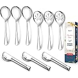 Stainless Steel Metal Serving Utensils - Large Set of 9-10" Serving Spoons, 10" Slotted Spoons, and 9" Serving Tongs by Teivi