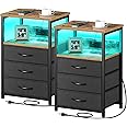 Seventable Nightstand with Charging Station and LED Light, Set of 2 Side Table with 3 Fabric Drawers, Bedside End Table with USB Ports and Outlets, Night Stand for Bedroom, Rustic Brown