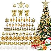Christmas Tree Decoration Set, 88 Pcs Gold Christmas Ornaments Set with White Gold Christmas Ornaments Balls,Christmas Glitter Poinsettia Flowers,Glitter Berries Stems, Snowflakes, Bow for Christma