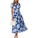 Simplee Women Floral Summer Maxi Dress Boho Flowy Casual Chiffon Short Sleeves V Neck Long Wedding Guest Dresses