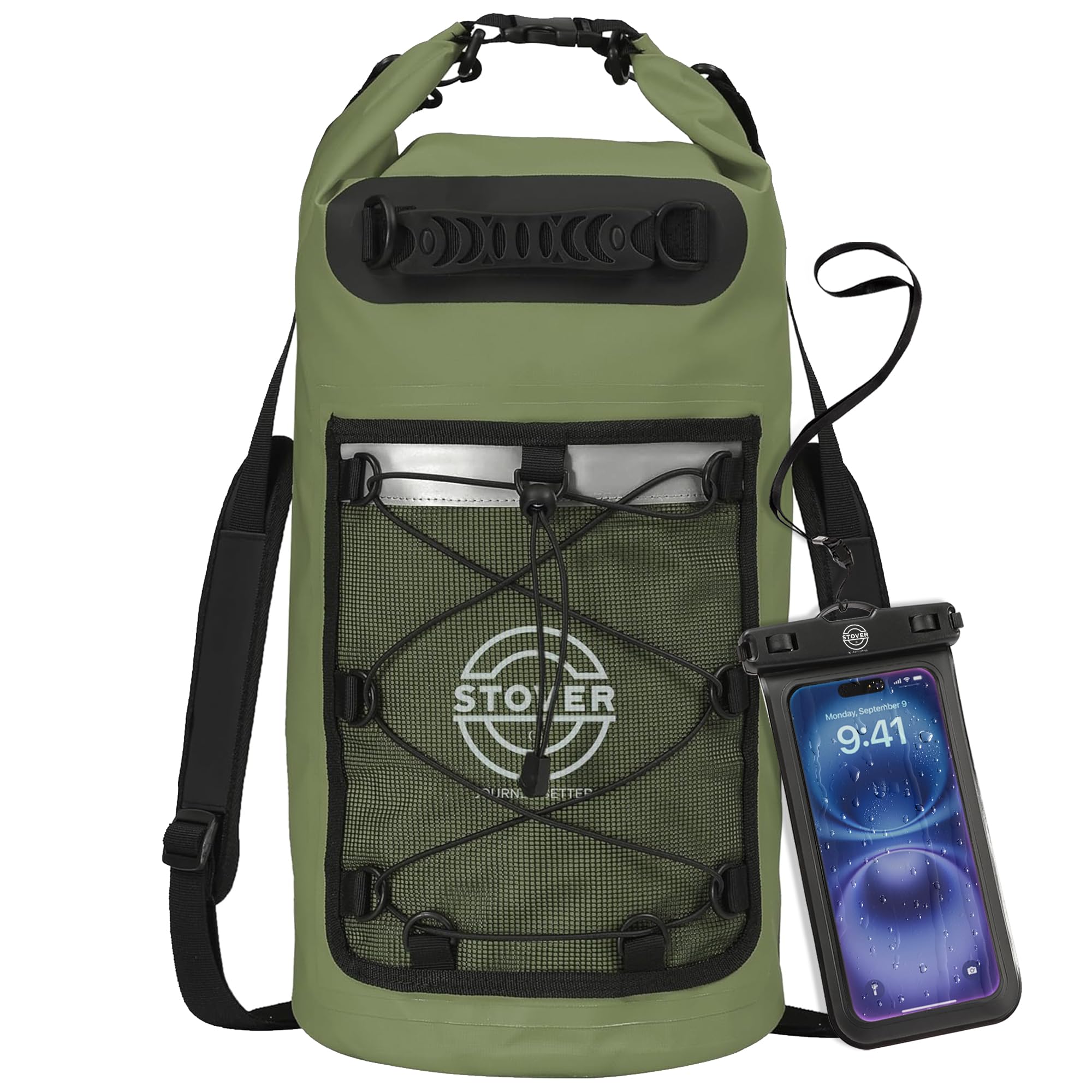 Photo 1 of STOVER 5/10/25/30/40/55L Waterproof Dry Backpack & Phone Case- Medium Floating Dry Bag for Kayaking, Travel, Hiking, Fishing, Camping, Motorcycles & Beach, Heavy-Duty Roll Top Men/Women (Green)