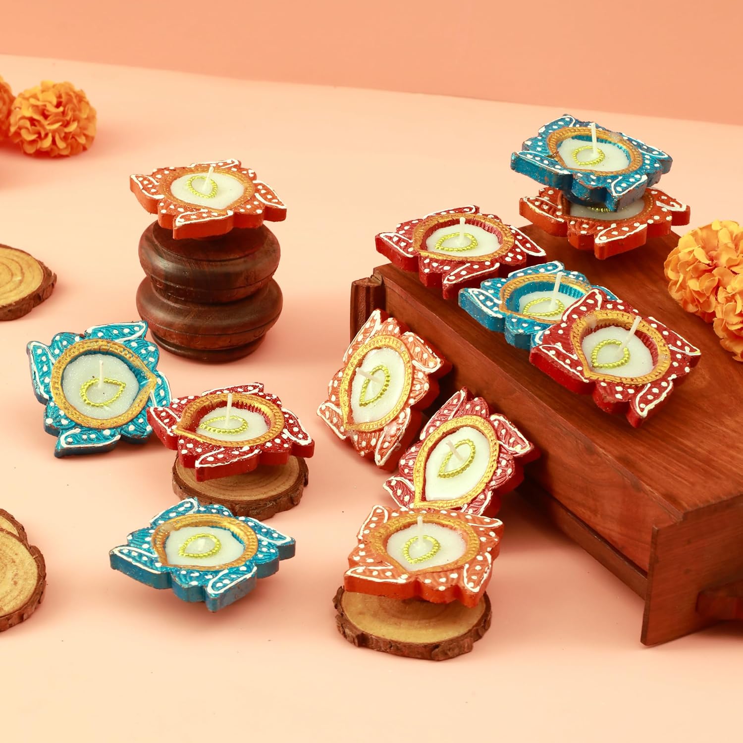 Oil Lamps & Accessories - TIED RIBBONS 12 pcs Handmade Clay Diya for Diwali, Wax Filled | Traditional Homemade Diyas Tealight | Indian Oil Lamp | Diwali Decorations for Home | Terracotta Diyas | Swastik Diya | Diwali Gifts