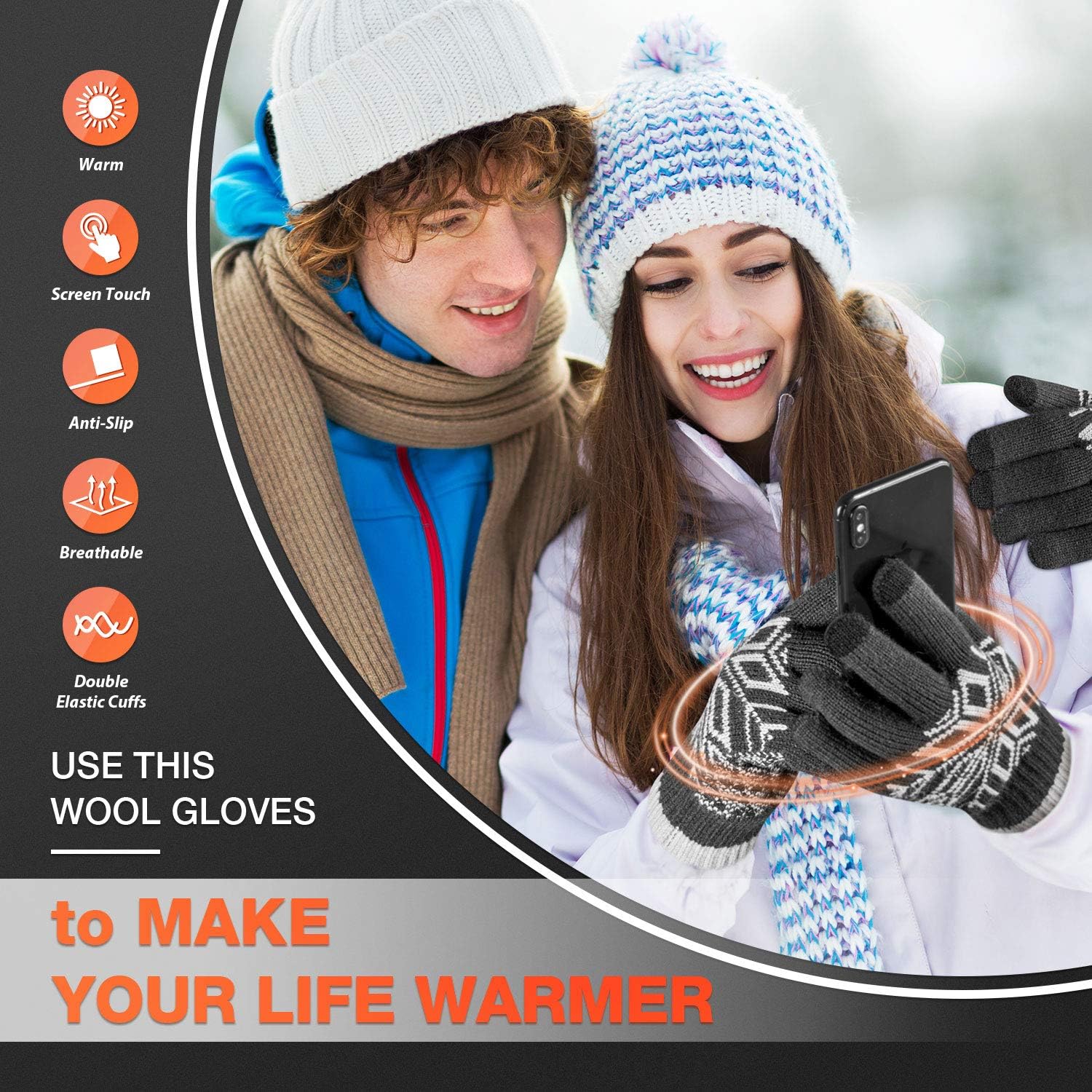 Pvendor Winter Gloves Touch Screen Warm Knit Gloves, Soft Wool Lining Elastic Cuff, Anti-Slip Rubber Design Warm Gloves for Men Women : Clothing