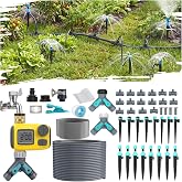 TRJZWA 100FT Drip Irrigation System Kit with Water Timer for Garden | 1/2" High-Flow Mainline Auto Irrigation System, 16pcs Adjustable Nozzles Fast-Plug Kit for Yard &amp; Lawn &amp; Agri Greenhouses