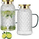 Buaic Glass Pitcher with Lid, 2 PACK 68 oz/2 Liter Vintage Water Pitcher, Clear Borosilicate Glass Water Carafe for Cold Brew, Coffee, Lemonade, Iced Sun Tea,Beverage, Milk, Heat Resistant