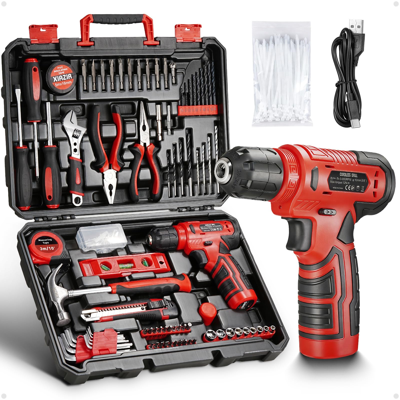 Werkzeug-Set mit Akku-Bohrschrauber, Komplett-Werkzeugkoffer für Heimwerker mit Schraubendrehern, Zangen, Hammer, Bohrer und Zubehör
