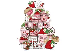 Yuntau 26 Pcs Summer Tiered Tray Decor Sets Farmhouse Summer Gnome Watermelon Strawberry Wood Sign Spring Gnome Tiered Tray Decorations for Tabletop Hawaii Home Shelf Kitchen Office(Strawberry)