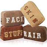 Pinkunn 4 Pcs Preppy Makeup Bags Chenille Letter Travel Organizer Face Skin Hair Stuff Corduroy Cosmetic Hygiene Toiletry Pouch with Zipper Wedding Birthday Gifts for Women(Earthy Color)