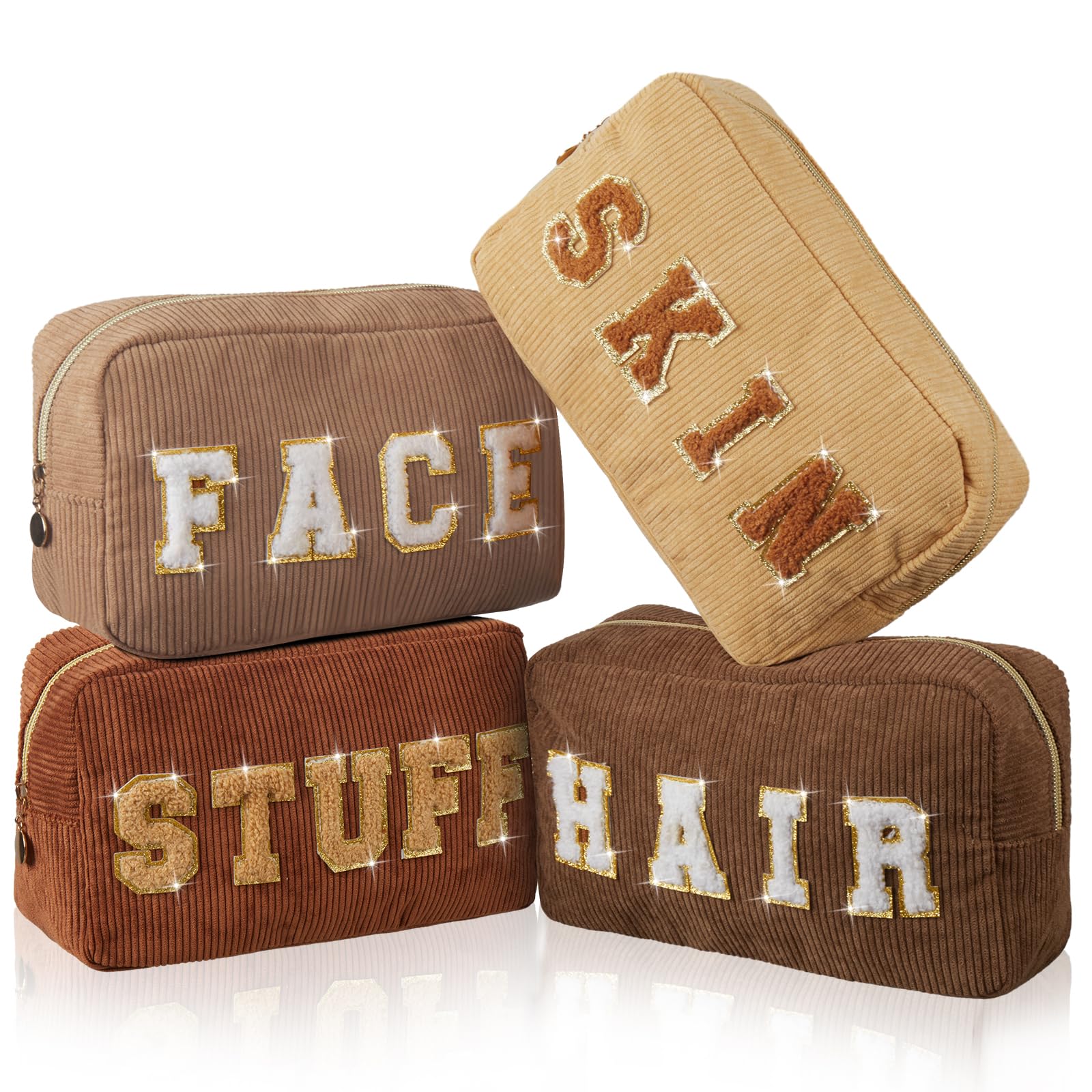 Photo 1 of Pinkunn 4 Pcs Preppy Makeup Bags Chenille Letter Travel Organizer Face Skin Hair Stuff Corduroy Cosmetic Hygiene Toiletry Pouch with Zipper Wedding Birthday Gifts for Women(Earthy Color)