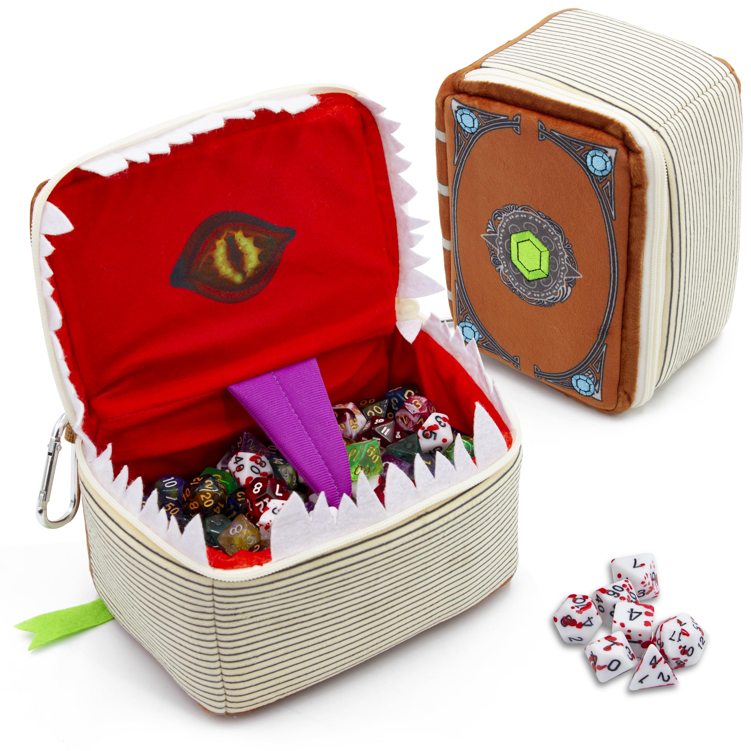 CASEMATIX Mimic Spell Book Dice Case with 7 RPG Dice – 7" Zippered Tome Holder for 250 Pieces, DnD Dice Storage Bag with Carabiner, Protective Novelty Case for Tabletop RPG & Dungeon Master
