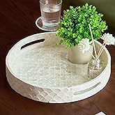 CHI AN HOME 12.6 Inch Capiz Round Decorative Tray, Decorative Serving Tray with Handles for Coffee Table, Kitchen Counter, Bathroom Vanity or Dining Table Centerpiece Tray, Modern Farmhouse Decor