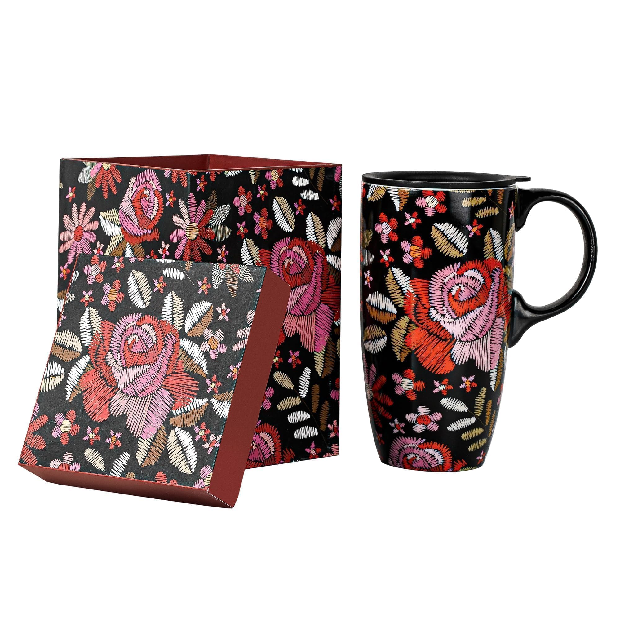 Topadorn Ceramic Travel Mug with Lid and Handle Gift for Coffee Lovers, 17 Oz Large Ceramic Coffee Mug Latte Teacup Milk Mug in Color Box, Red Flowers