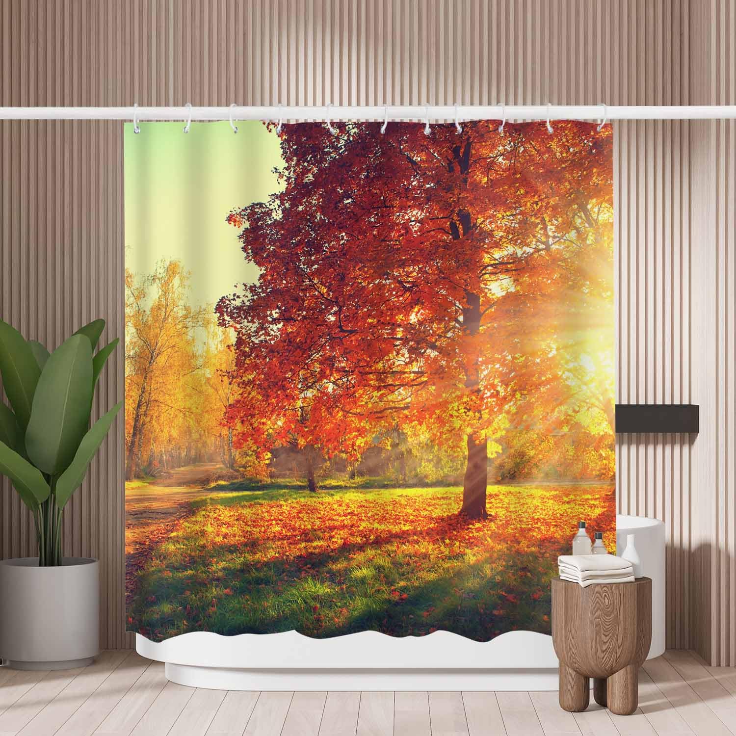 Woutay Shower Curtain Mould Proof Resistant Autumn Trees and Leaves in Sun Light,Water Repellant Fabric,Polyester,Size 180x180CM