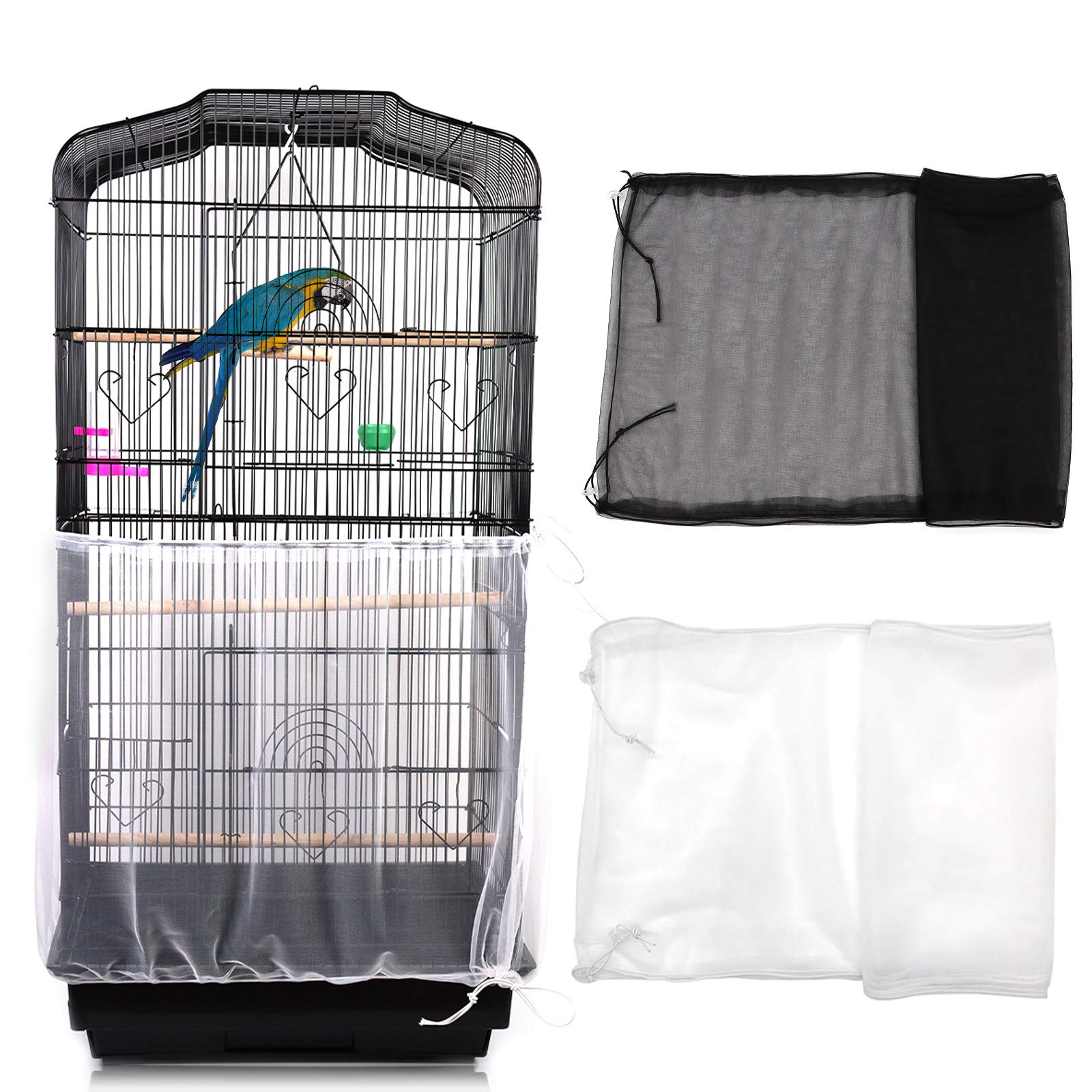Mngren 2Pcs Bird Cage Cover, Adjustable Soft Airy Nylon Mesh Parrot Net, Universal Feather Seed Catcher, Birdcage Cover Skirt Sheer Guard for Round Square Bird Cages (White +Black)