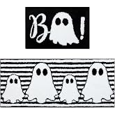 Drydiet 2 Pcs Halloween Bathroom Mat Decor, Black Ghost 20x47''16x24'' | Cute Boo Kitchen Rug Set, Soft Tufted Door Mat, Non-slip Backing, Washable, Absorbent, Spooky Fall Party Decoration Gift