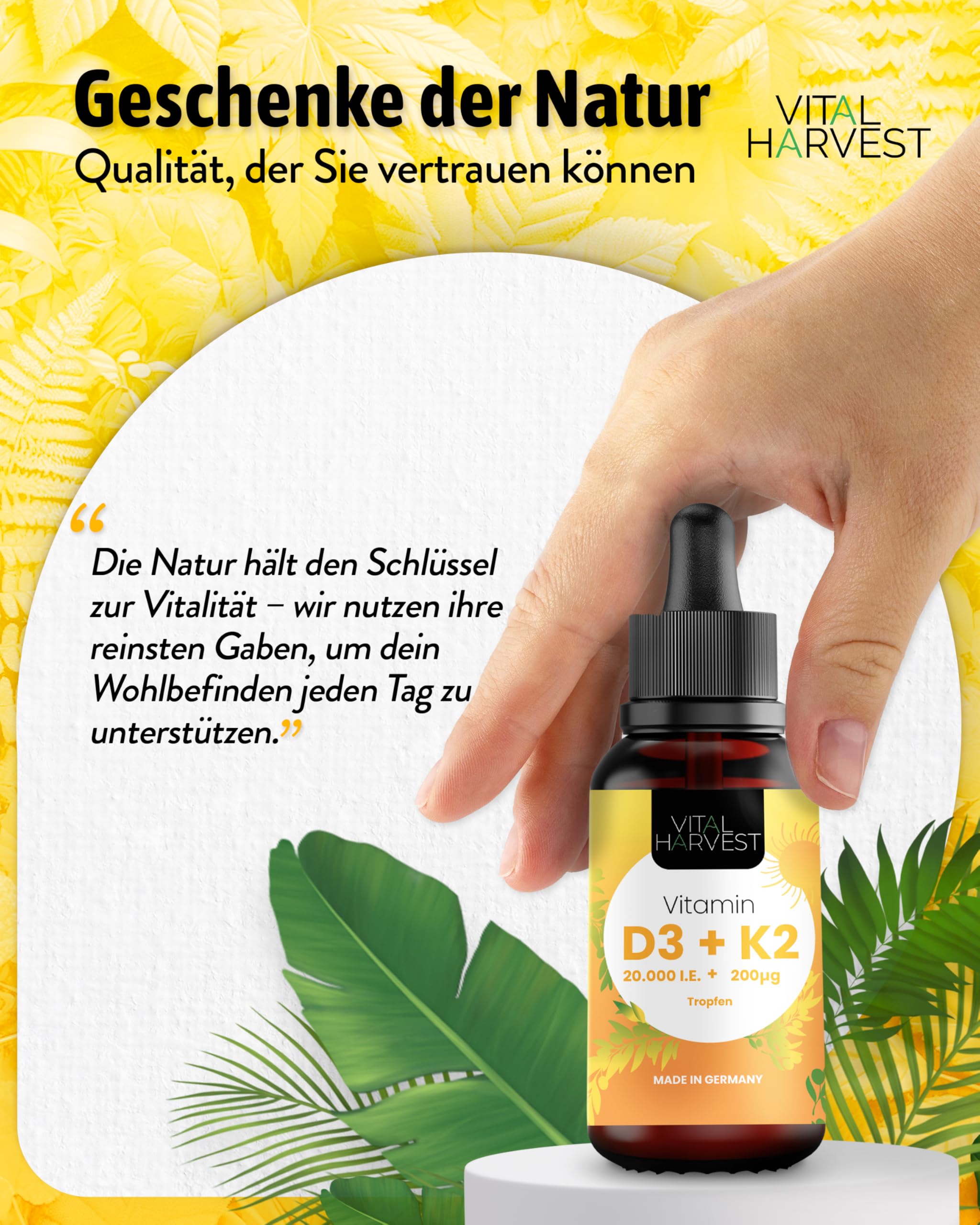 Vital Harvest® Premium Vitamin D3 K2 Tropfen 5.000 IE 30ml | Depot mit D3 & K2 MK-7 | Veganes Vitamin D3 + Vitamin K2 MK7, laborgeprüft in Deutschland hergestellt - ohne Zusatzstoffe (30ml) 5