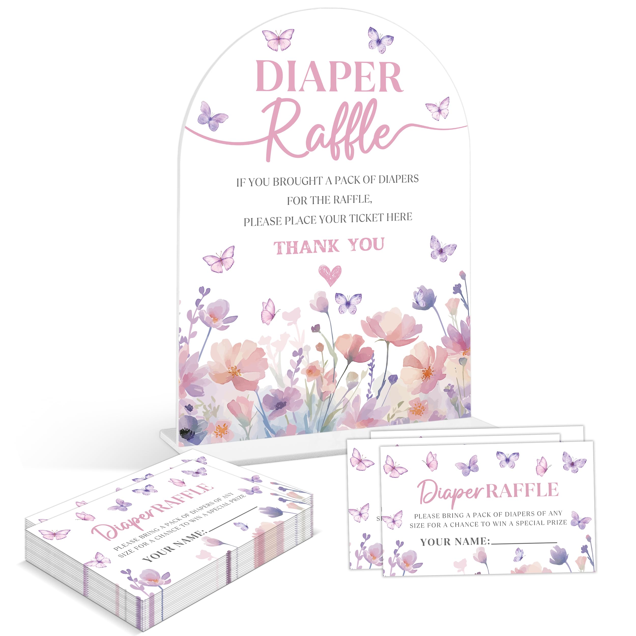 Photo 1 of Baby Shower Games - Butterfly Diaper Raffle, 1 Arch Acrylic Sign and 50 Diaper Raffle Tickets, Gender Reveal Game, Purple Butterfly Baby Shower Decoration Supplies (NS02)