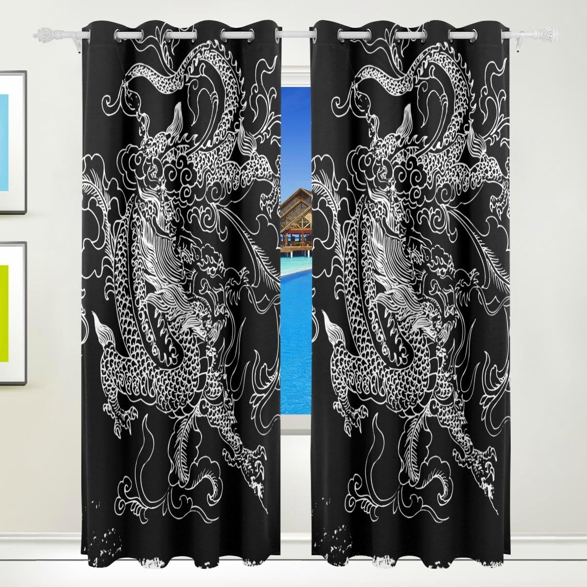 CUMIMI Vivid Sketching Dragon Print Thermal Insulated Blackout Room Darkening Window Curtains for Bedroom Living Room 55" W x 84" L,2 Panels