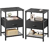 Huuger Nightstand Set of 2, Night Stand with Fabric Drawer, Mesh Shelf, Side Table with Storage, Fabric Drawer Dresser, Open Shelf, Metal Frame, Bedroom, Black