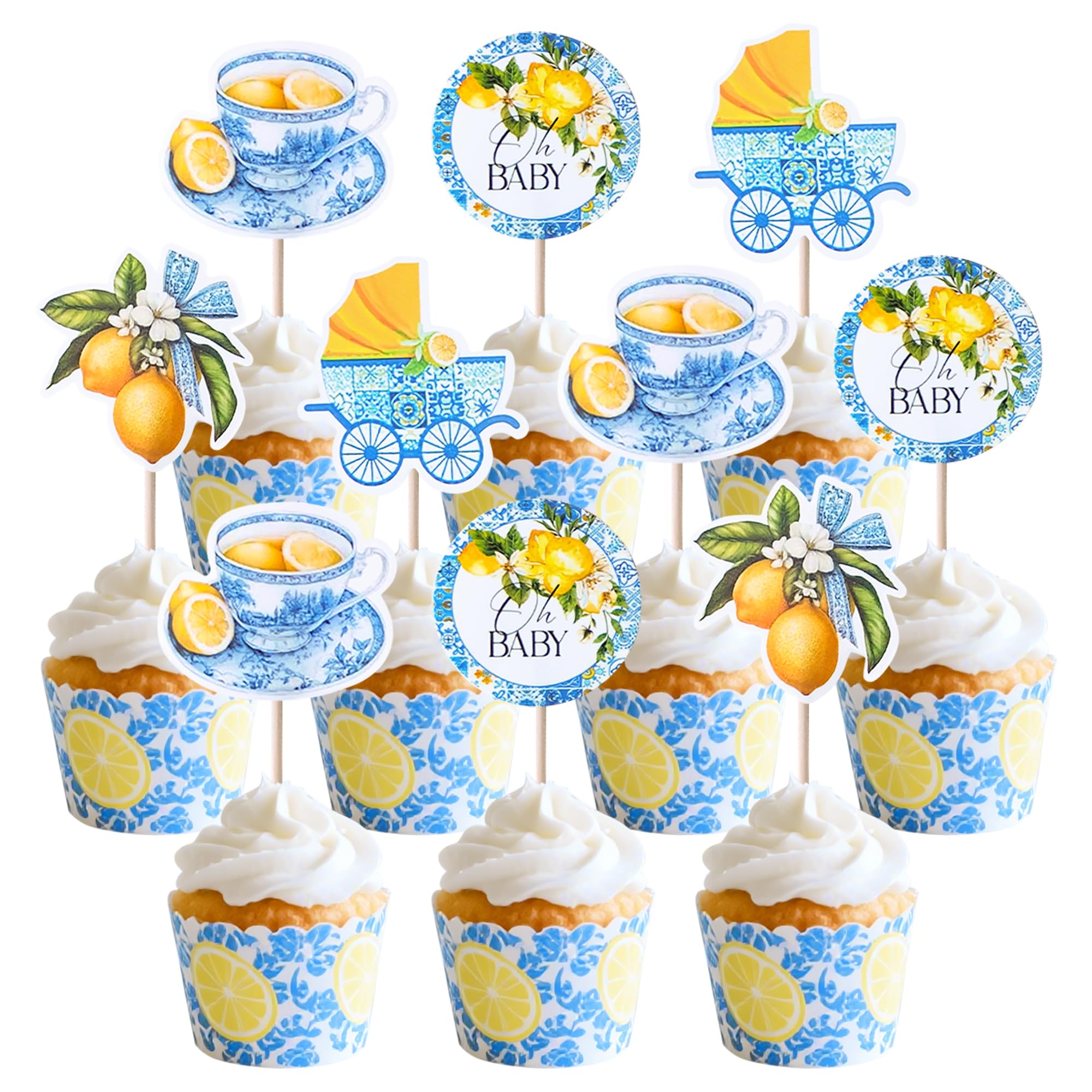 Photo 1 of 24Pcs Blue White Tiles Lemon Oh Baby Cupcake Topper Sweet Fruit Theme Summer Lemonade Cupcake Picks for Baby Shower Party Decorations