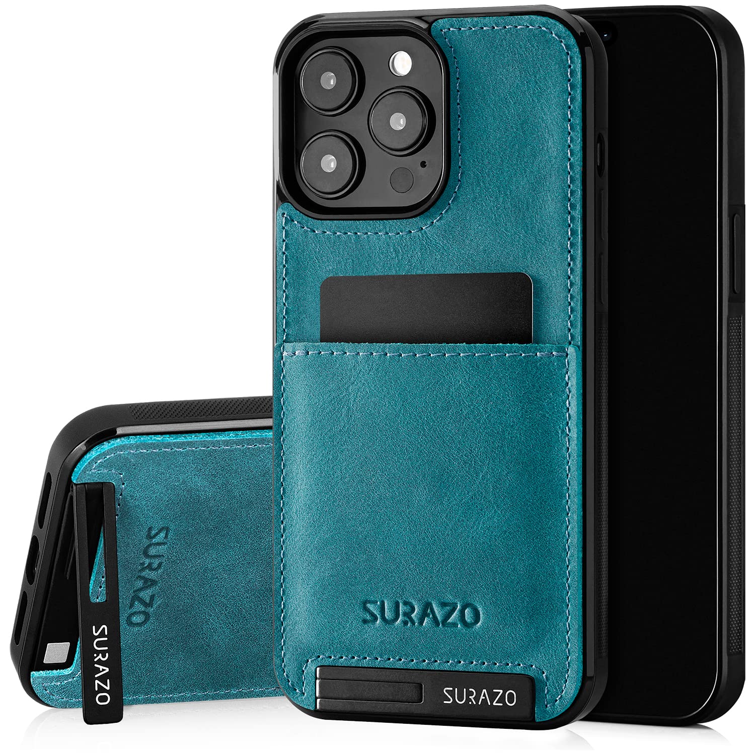 SURAZO Genuine Leather Back Case for iPhone 15 Pro - Shockproof Slim Bumper Protective Cover with Card Slot, Stand Function, Key Fob (Turquoise) — image 1