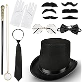 Flotory 13 Pcs 1920s Men Accessories Gentleman Monopoly Costume Hat Round Head Scepter Magnifying Glass Necklace Bow Tie Beard for Adult Dress Up
