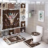 Retro Cow Skull 4 Pieces Shower Curtain Set,Rustic Farmhouse Western Cowboy Geometric Plaid Print Non-Slip Rugs Toilet Lid Cover Bath Mat and Bathroom Curtain