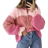 Saodimallsu Womens 2026 Fall Trendy Striped Cardigan Sweaters Ruffle Sleeve Button Up Loose Color Block Sweater Coats