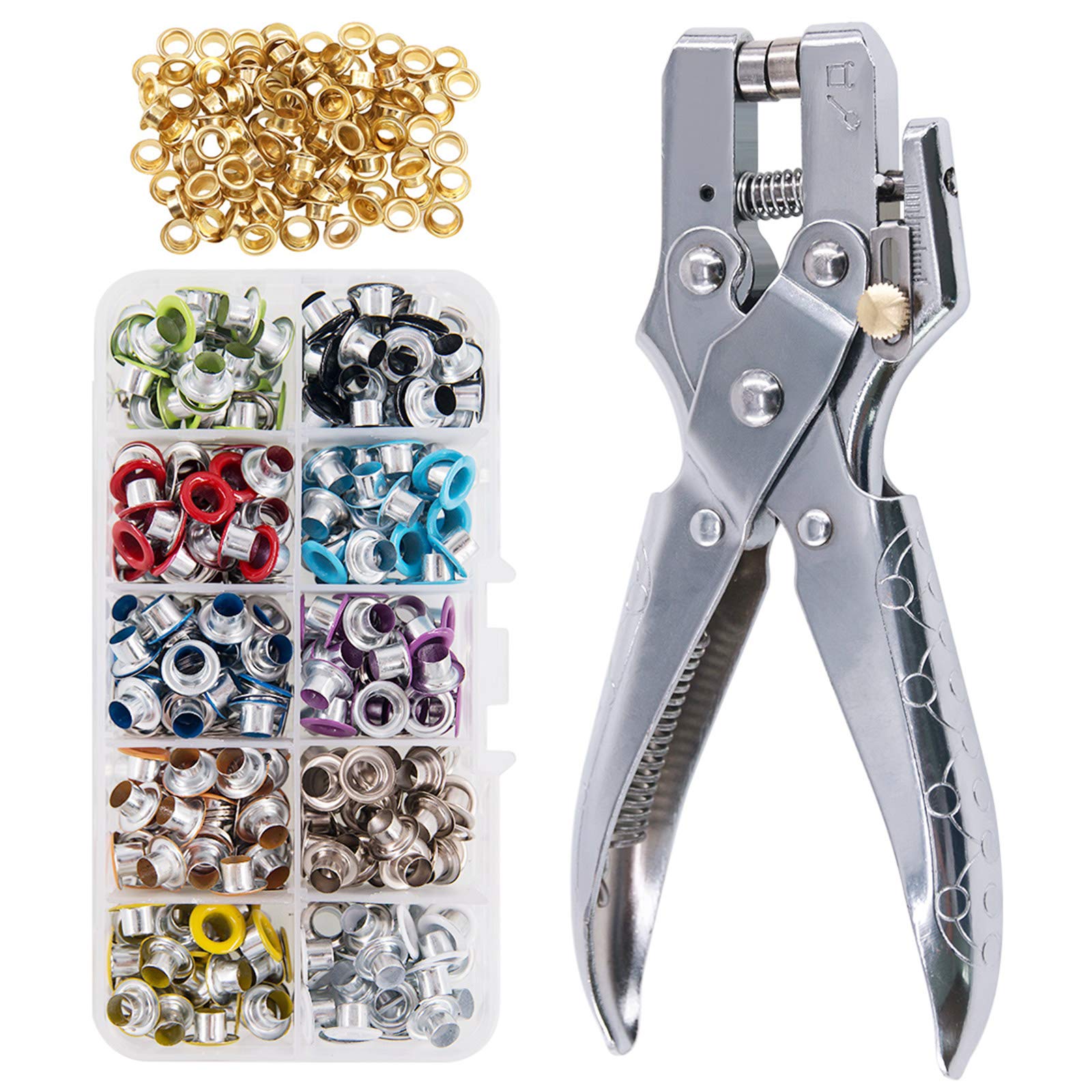 Keadic 300Pcs 1/5 inch Metal Grommets Kit and Eyelet Hole Punch Pliers with 100 Gold Grommets, Eyelets Kits Shoe Eyelets Grommet Sets for Leather, Canvas, Shoes, Belts, Bags, Crafts (11 Colors)