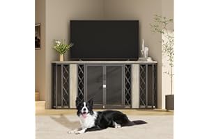 kepptory 67" Corner Wooden Dog Crate Furniture with Diamond Metal Decoration, Pet Kennel for Small, Medium and Large Dogs, Space-Saving Dog Cage for TV Stand