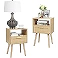 Finnhomy Nightstands Set of 2, End Table, Nightstand, Side Table with Hand Made Rattan Decorated Drawers, Wood Accent Table with Storage for Bedroom, Natural