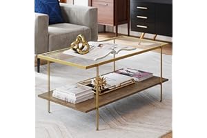 Nathan James Asher Mid-Century Rectangle Coffee Table Glass Top and Rustic Oak Storage Shelf with Sleek Brass Metal Legs, Gold