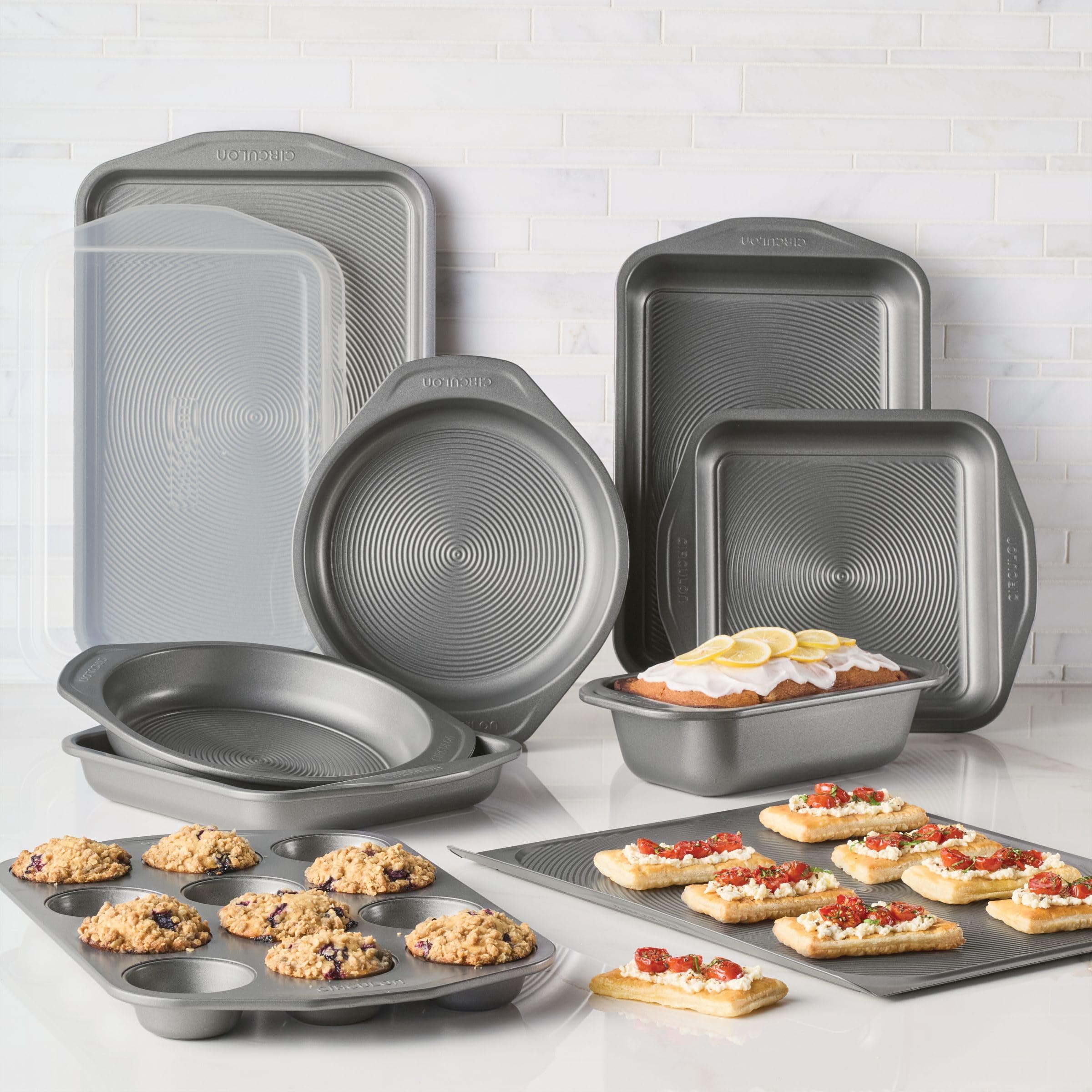 Circulon Total Nonstick Bakeware Set with Nonstick Bread Pan, Cookie Sheet, Baking Pan, Baking Sheet, Cake Pan and Muffin/Cupcake Pan - 10 Piece, Gray