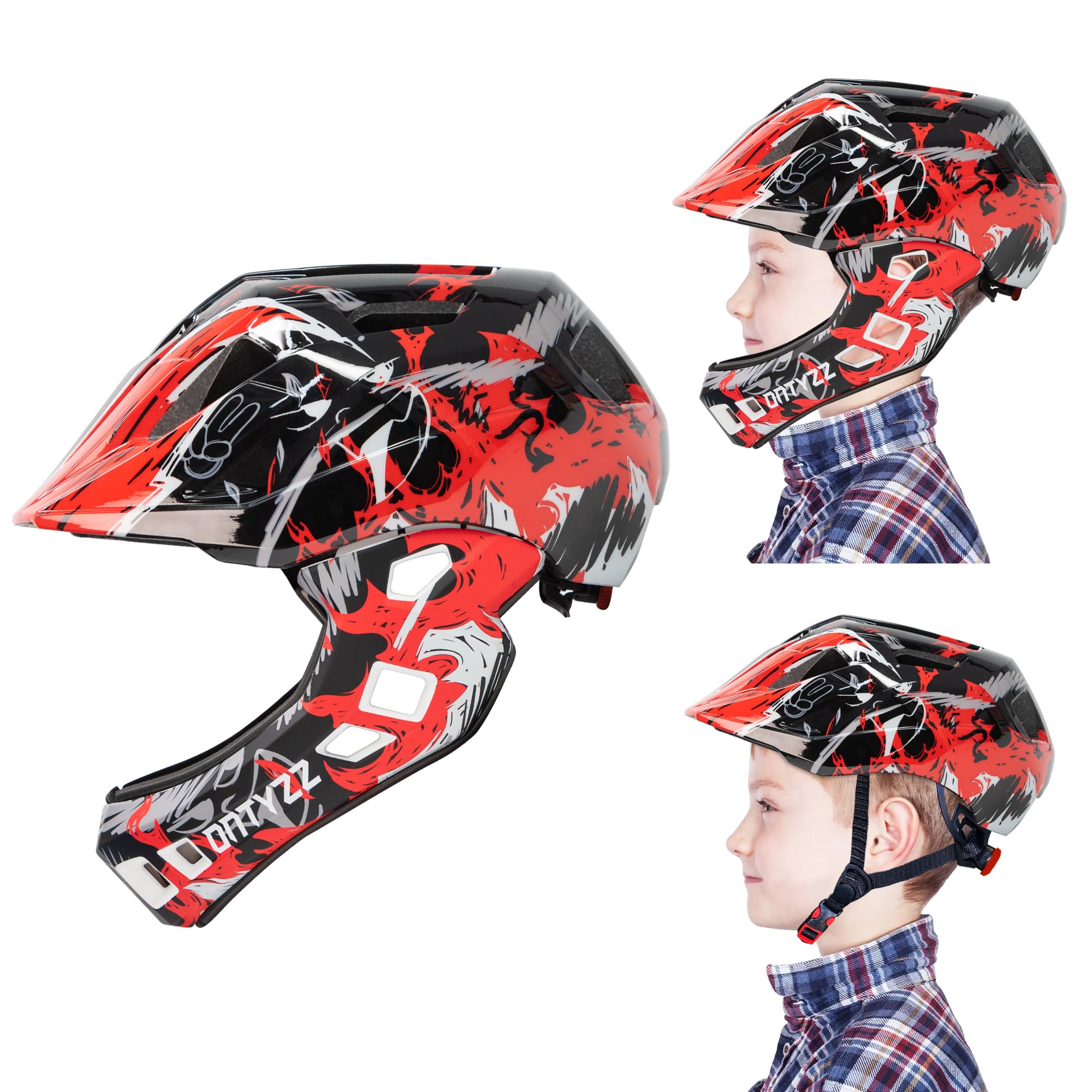 ONTYZZ Kids Full Face Bike Helmet with Detachable Chin Guard, Red, Cycling, Skateboarding, Mountain Biking