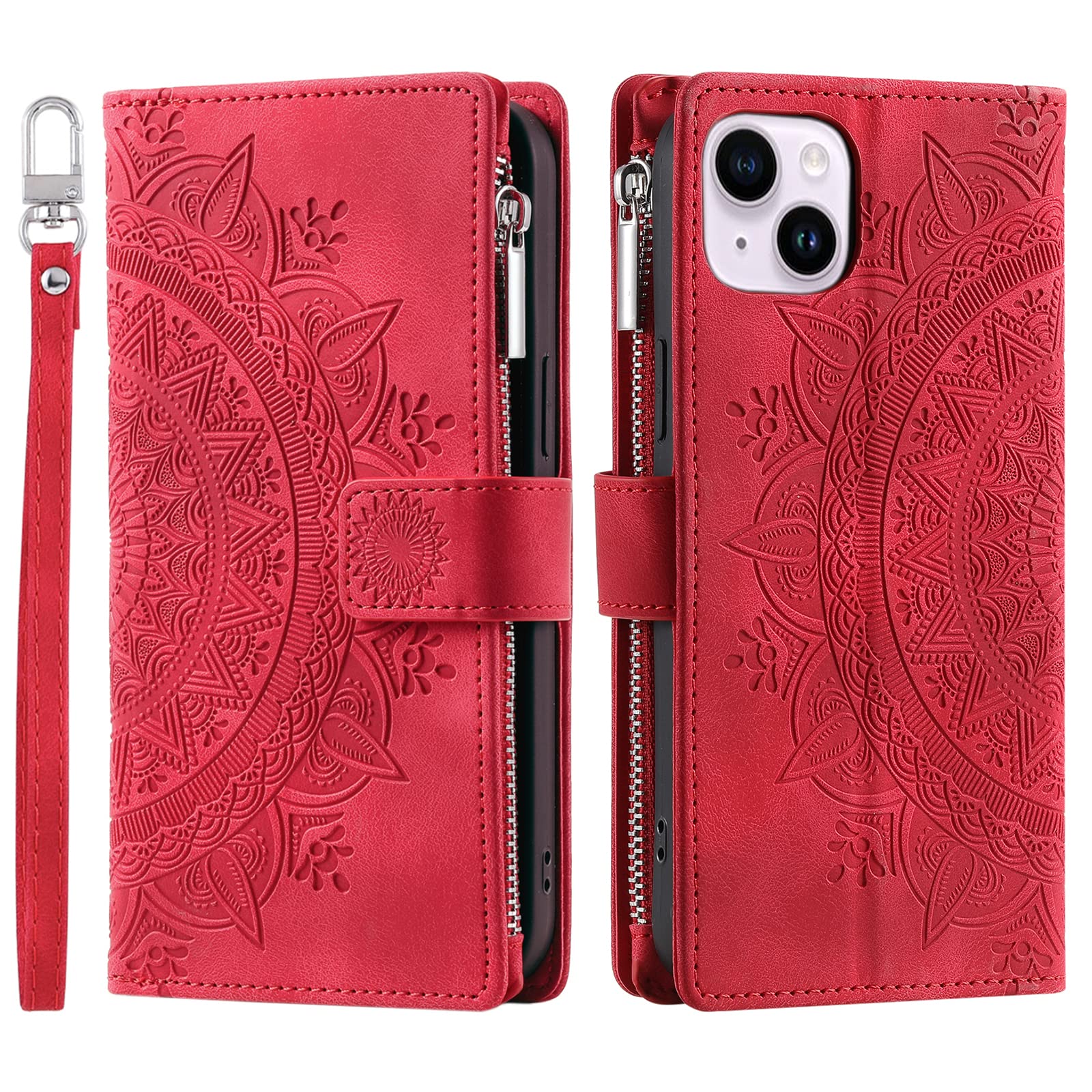 VEEMOS Wallet Case for iPhone 13 Mini Flower Flip Case Protective Leather Folio Book Phone Cover with Card Slots Kickstand Zipper Pocket - Red