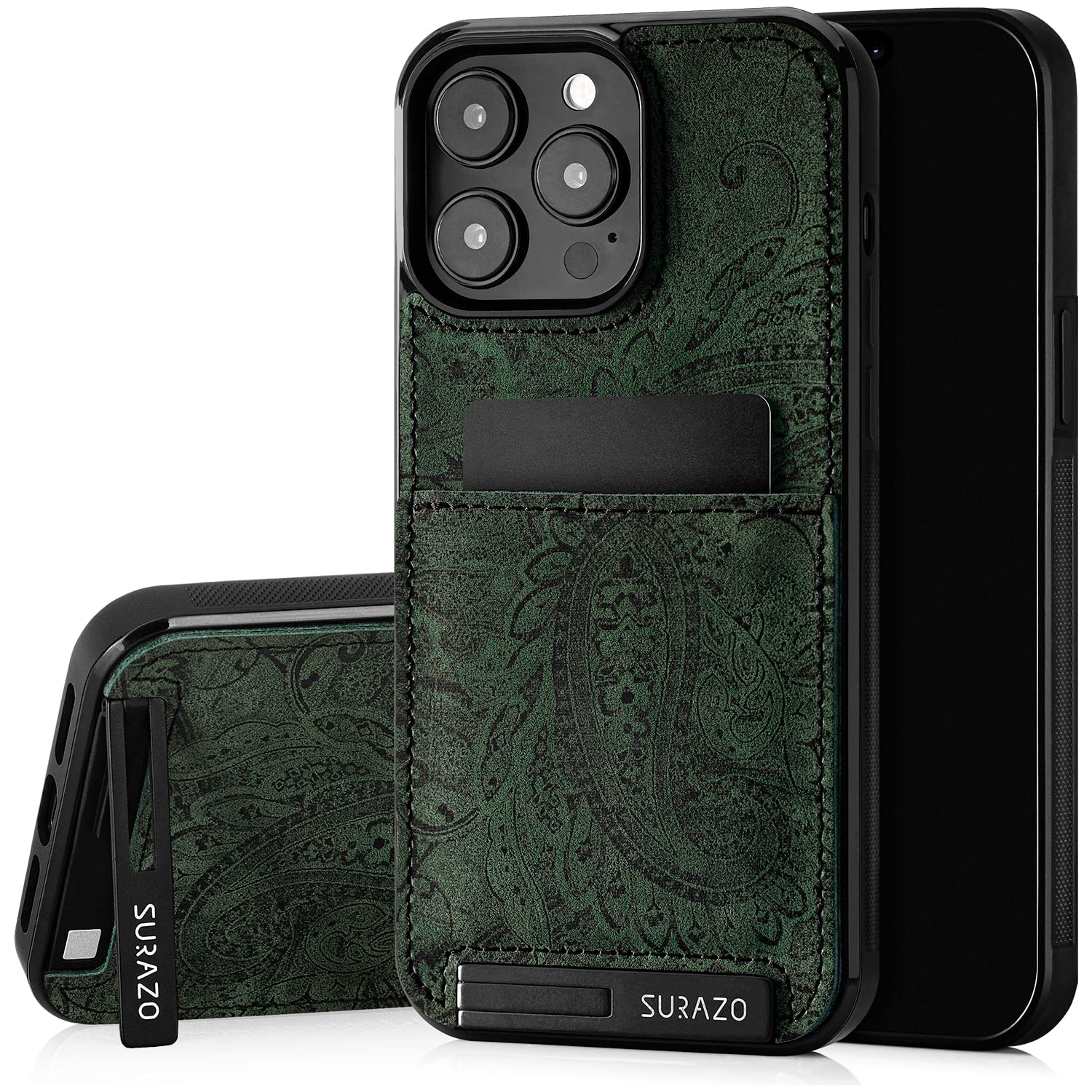 SURAZO Genuine Leather Back Case for Apple iPhone 15 Pro Max Case - Shockproof Leather Mobile Phone Case Cover with Card Slot, Stand Function, Key Fob Floral Slim Bumper Protective Case (Ornament — image 1